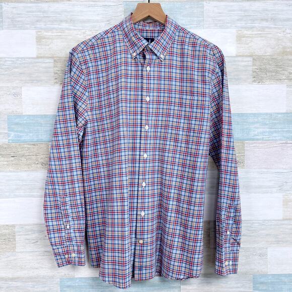 Johnnie O Woven Button Down Shirt Blue Red Plaid Long Sleeve Casual Mens Medium - Picture 1 of 5